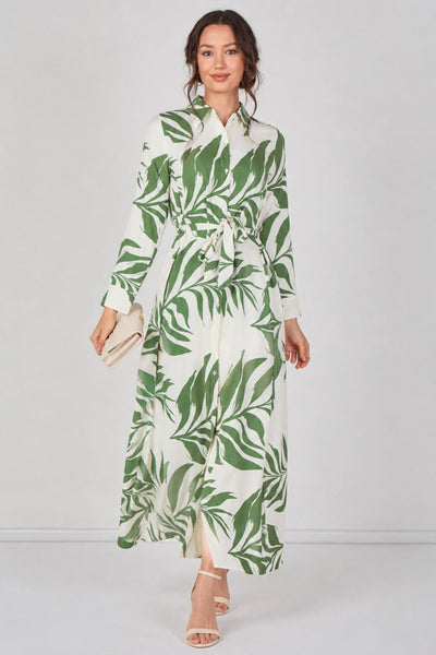 Green - Green Palm Print Belted Maxi Shirt Dress by LOVE SUNSHINE