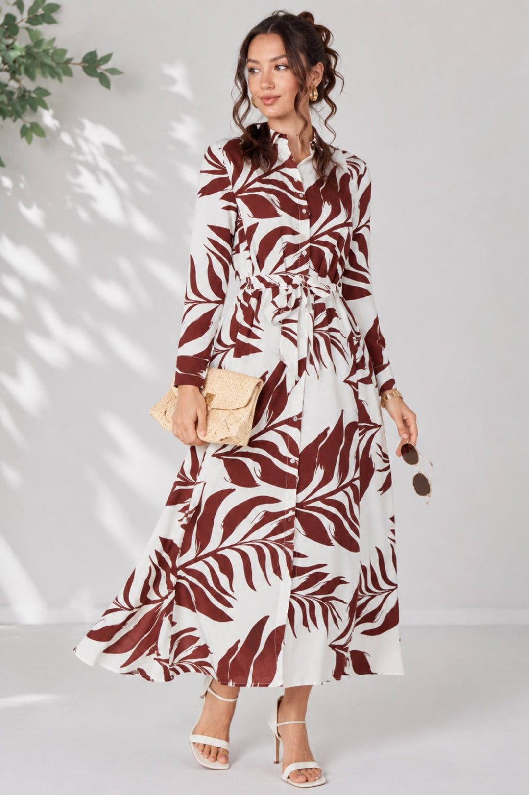 Rust Palm Print Belted Maxi Shirt Dress LS-2430LL-GM6