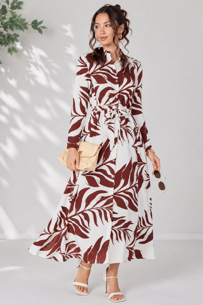 Wine - Rust Palm Print Belted Maxi Shirt Dress by LOVE SUNSHINE
