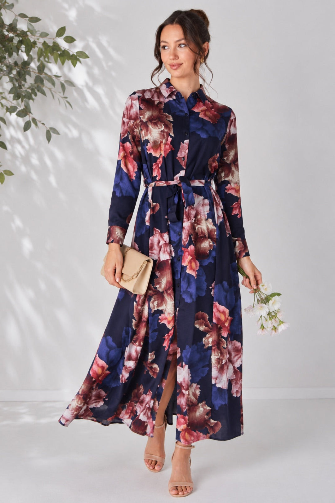 Navy Iris Floral Belted Maxi Shirt Dress LS-2430LL-GM4
