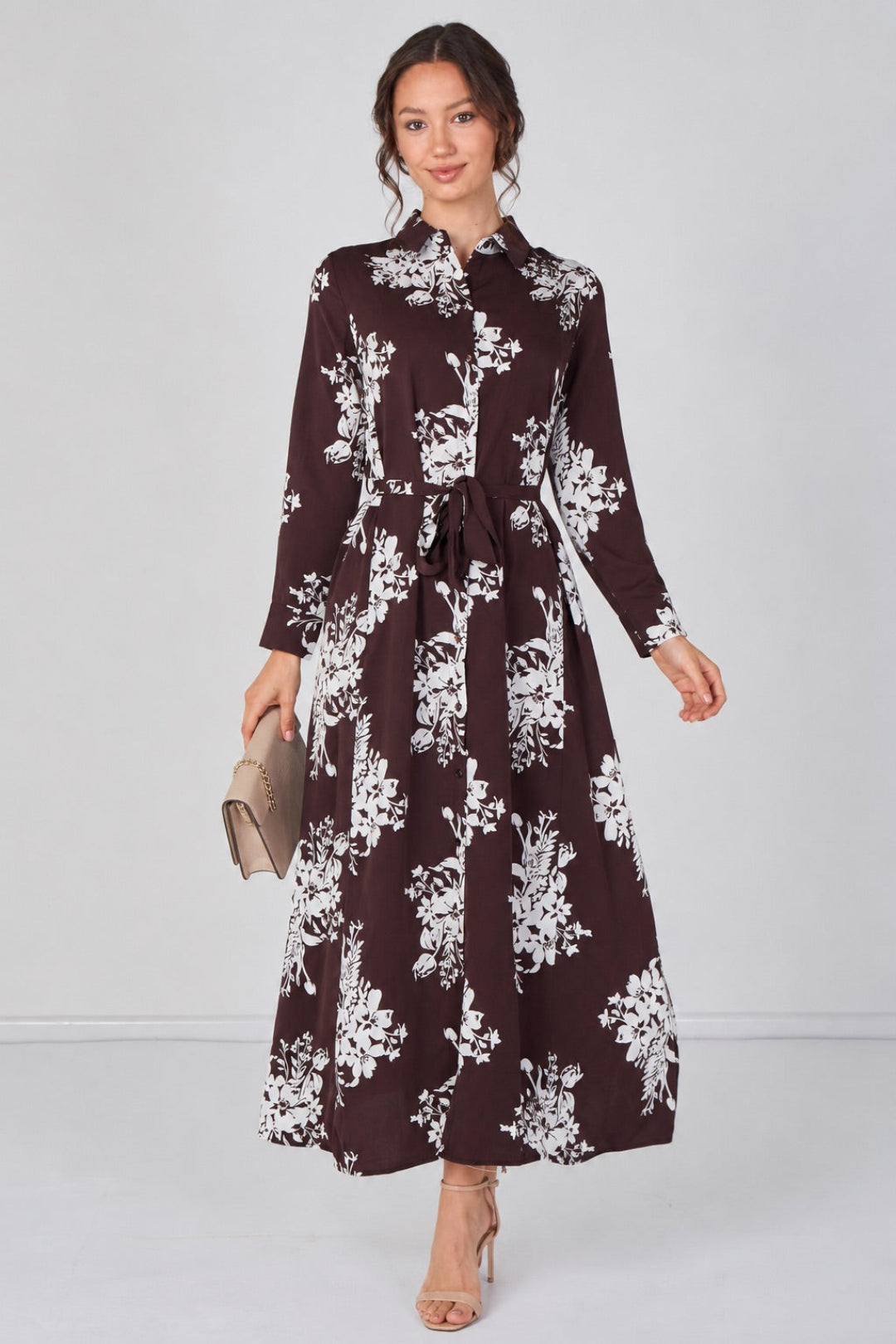 Chocolate And White Floral Belted Maxi Shirt Dress LS-2430LL-GM2