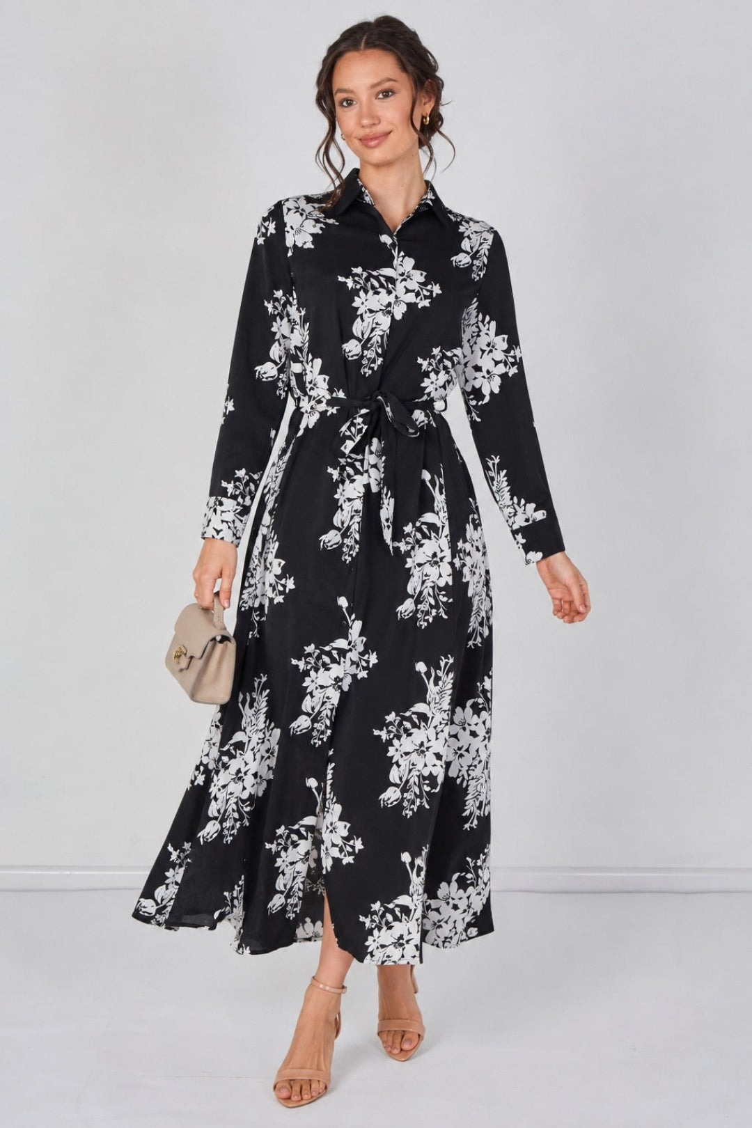 Black And White Floral Belted Maxi Shirt Dress LS-2430LL-GM1