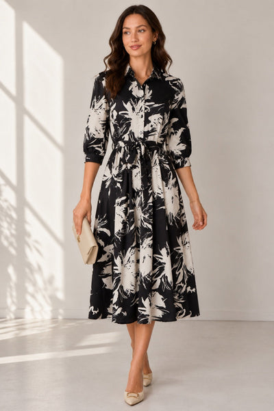 Black - Black And White Brushstroke Floral Belted Midi Shirt Dress by LOVE SUNSHINE