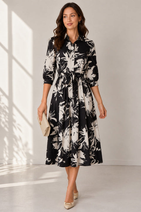 Black And White Brushstroke Floral Belted Midi Shirt Dress by LOVE SUNSHINE