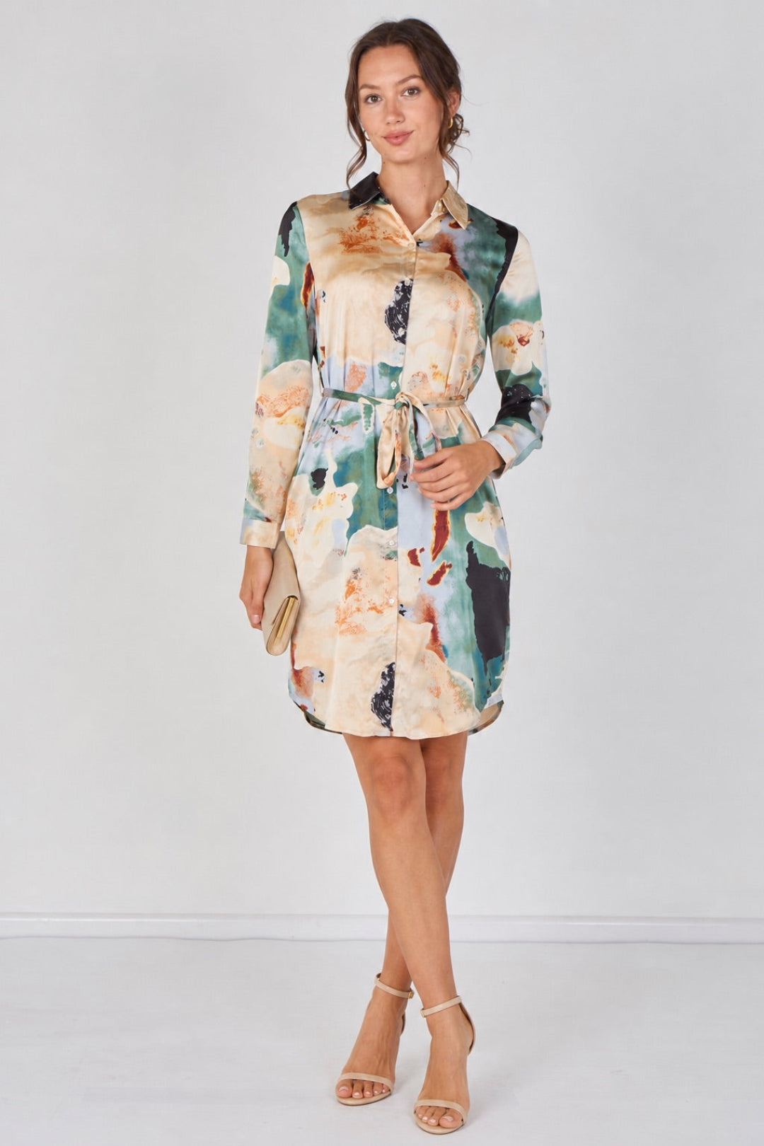 Teal Watercolour Marble Print Belted Shirt Dress LS-5026-R301-Teal