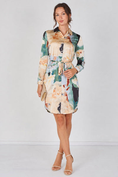 Teal - Teal Watercolour Marble Print Belted Shirt Dress by LOVE SUNSHINE
