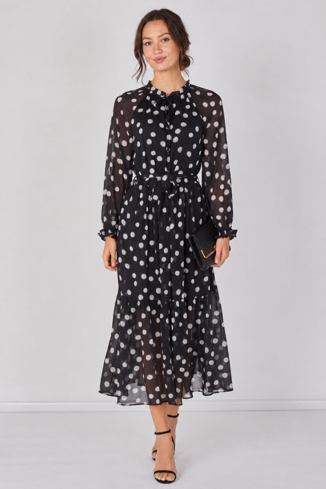 Black Polka Dot Chiffon Belted Maxi Dress LS-2512-BK3