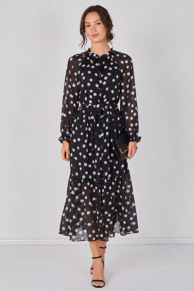 Black - Black Polka Dot Chiffon Belted Maxi Dress by LOVE SUNSHINE