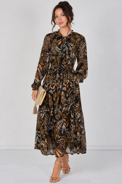 Brown - Black Botanical Chiffon Belted Maxi Dress by LOVE SUNSHINE