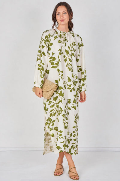 Green - Ivory And Olive Leaf Print Maxi Dress by LOVE SUNSHINE