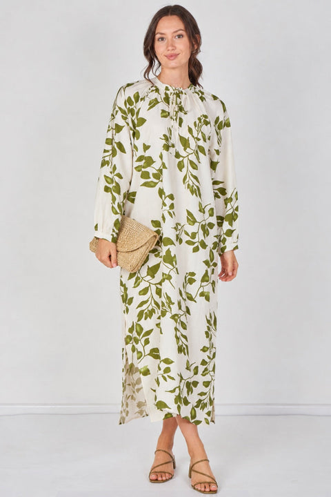 Ivory And Olive Leaf Print Maxi Dress by LOVE SUNSHINE