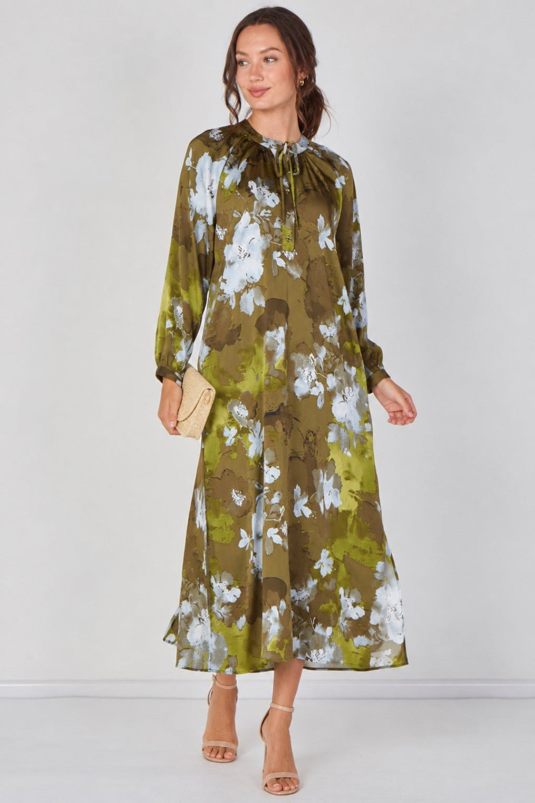 Khaki Watercolour Floral Luxury Satin Maxi Dress LS-2457-QB5