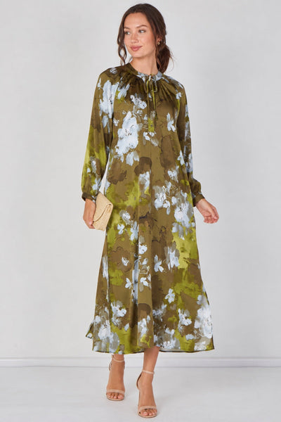 Khaki - Khaki Watercolour Floral Luxury Satin Maxi Dress by LOVE SUNSHINE