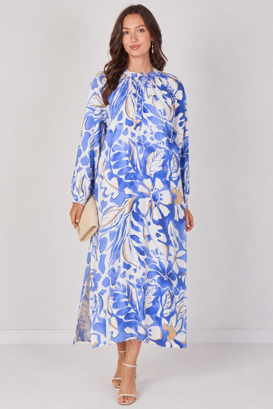 Blue Tropical Leaf Print Maxi Dress LS-2457-QB2