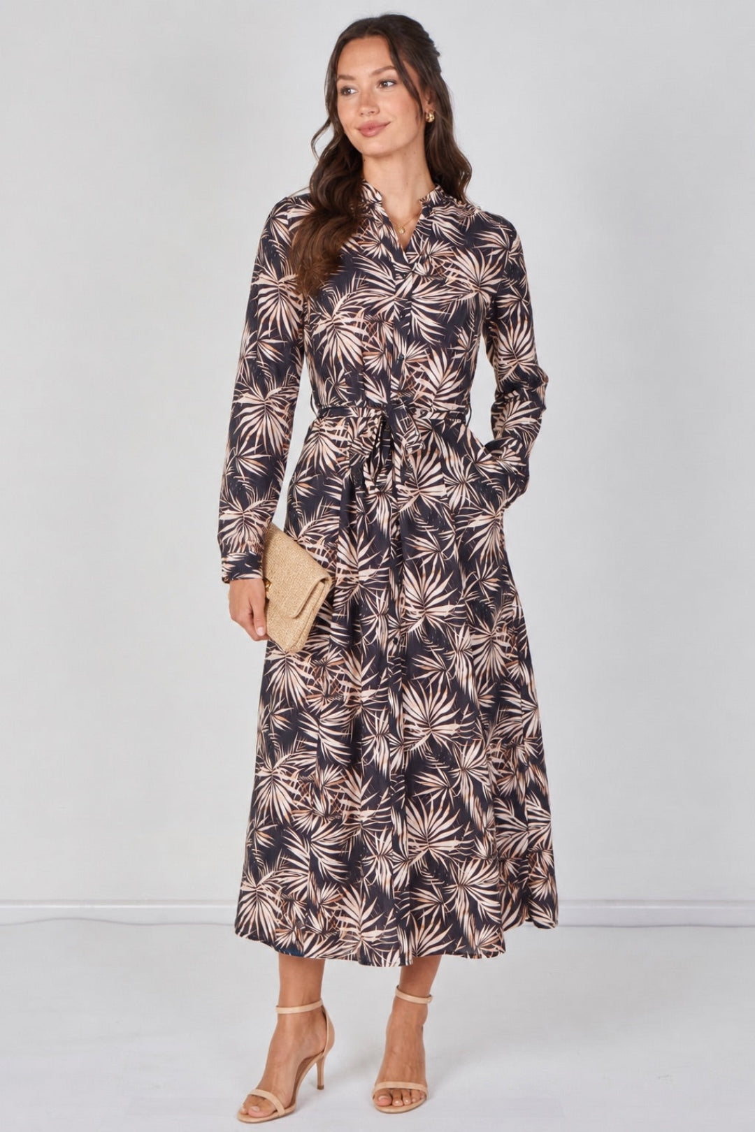 Black And Blush Palm Print Belted Maxi Shirt Dress LS-2603-CS1