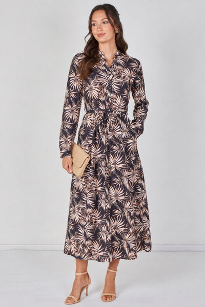 Black - Black And Blush Palm Print Belted Maxi Shirt Dress by LOVE SUNSHINE