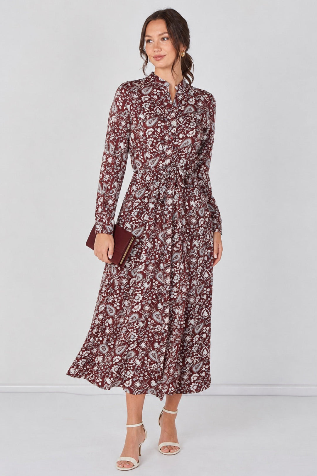 Burgundy Paisley Floral Print Belted Maxi Shirt Dress LS-2603-CS6