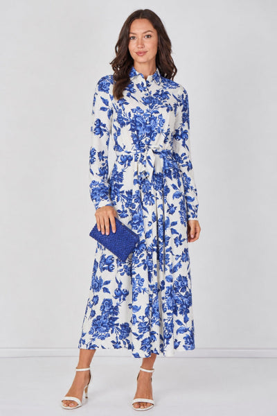 Blue - Blue Porcelain Floral Printed Belted Maxi Shirt Dress by LOVE SUNSHINE