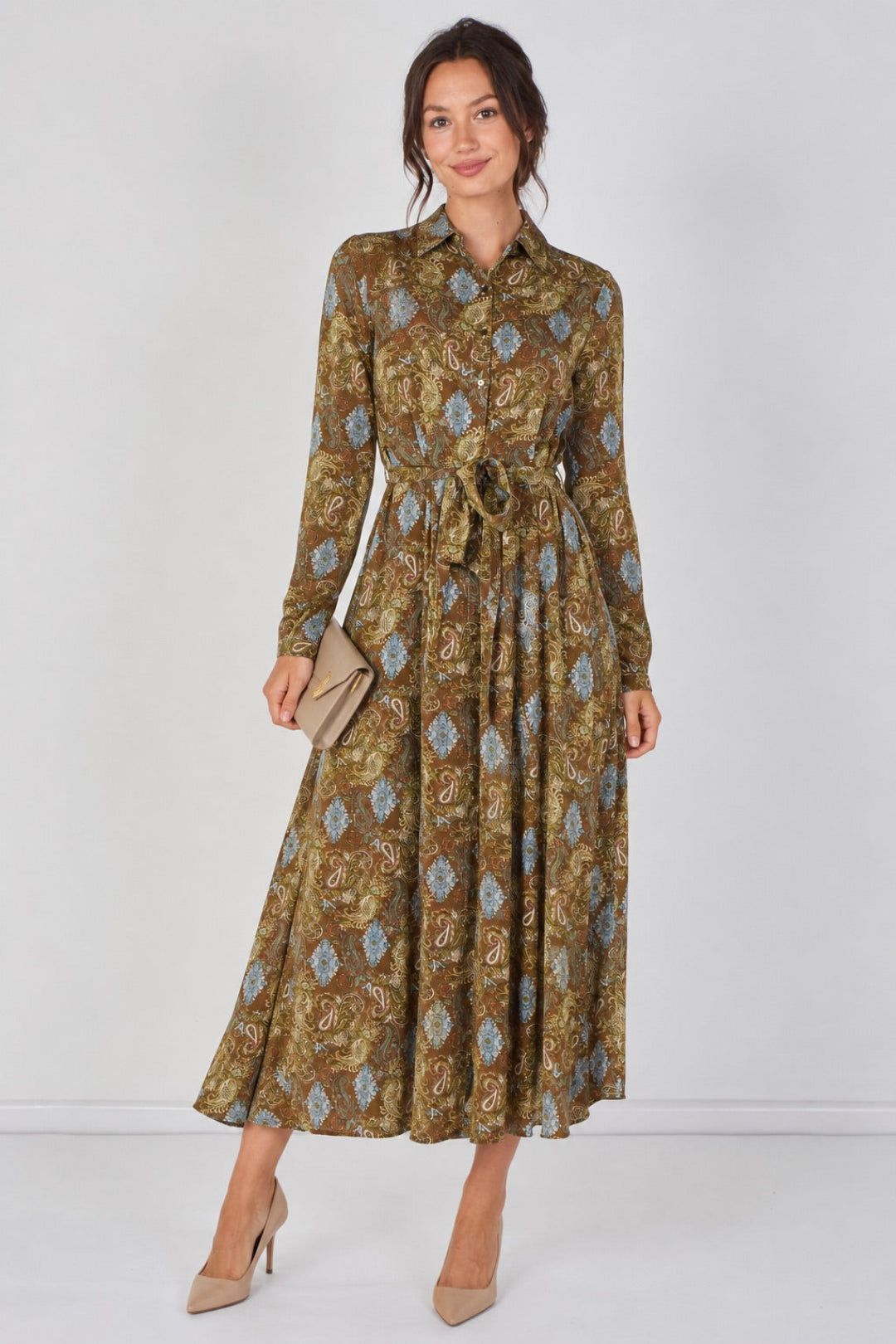 Paisley Meadow Printed Khaki Belted Maxi Shirt Dress LS-2037P-C212