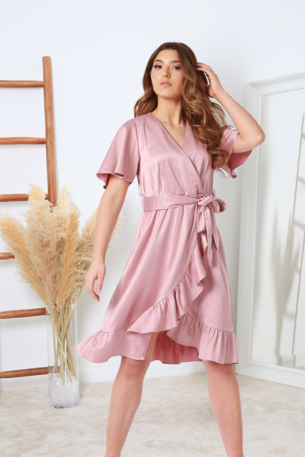 Frill sleeve wrap dress best sale