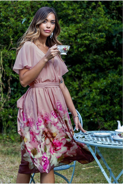 Chiffon Floral Border Print Midi Dress - Blush