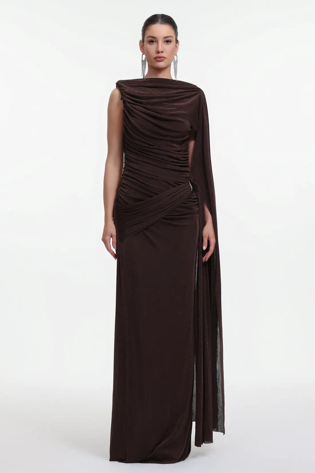 Yahir Elegant Contour Sleeveless Ruched Knit Brown Maxi Dress D251101426
