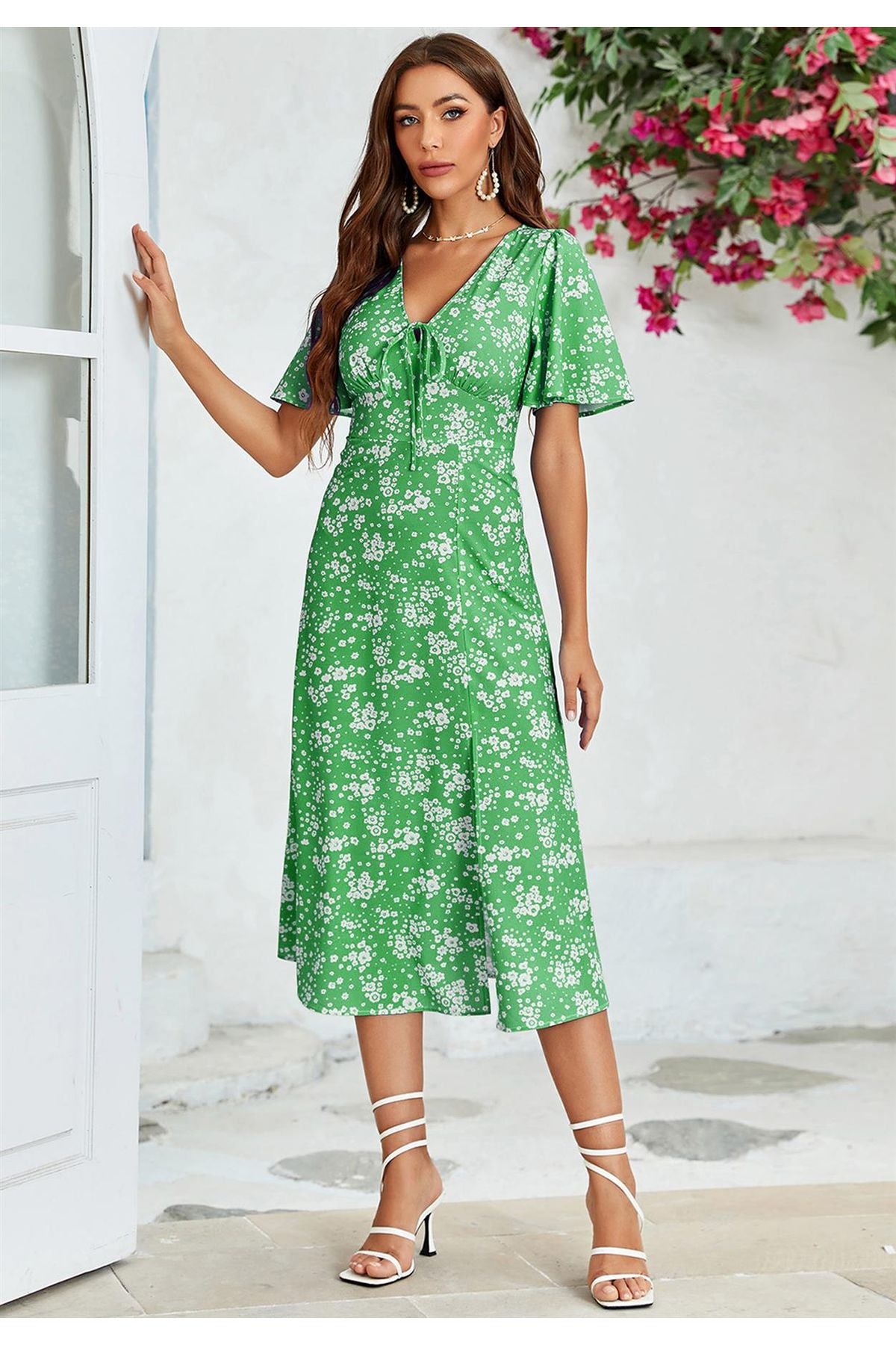 Floral Print Angel Sleeve Midi Dress In Spring Green FS554-SpringGreen