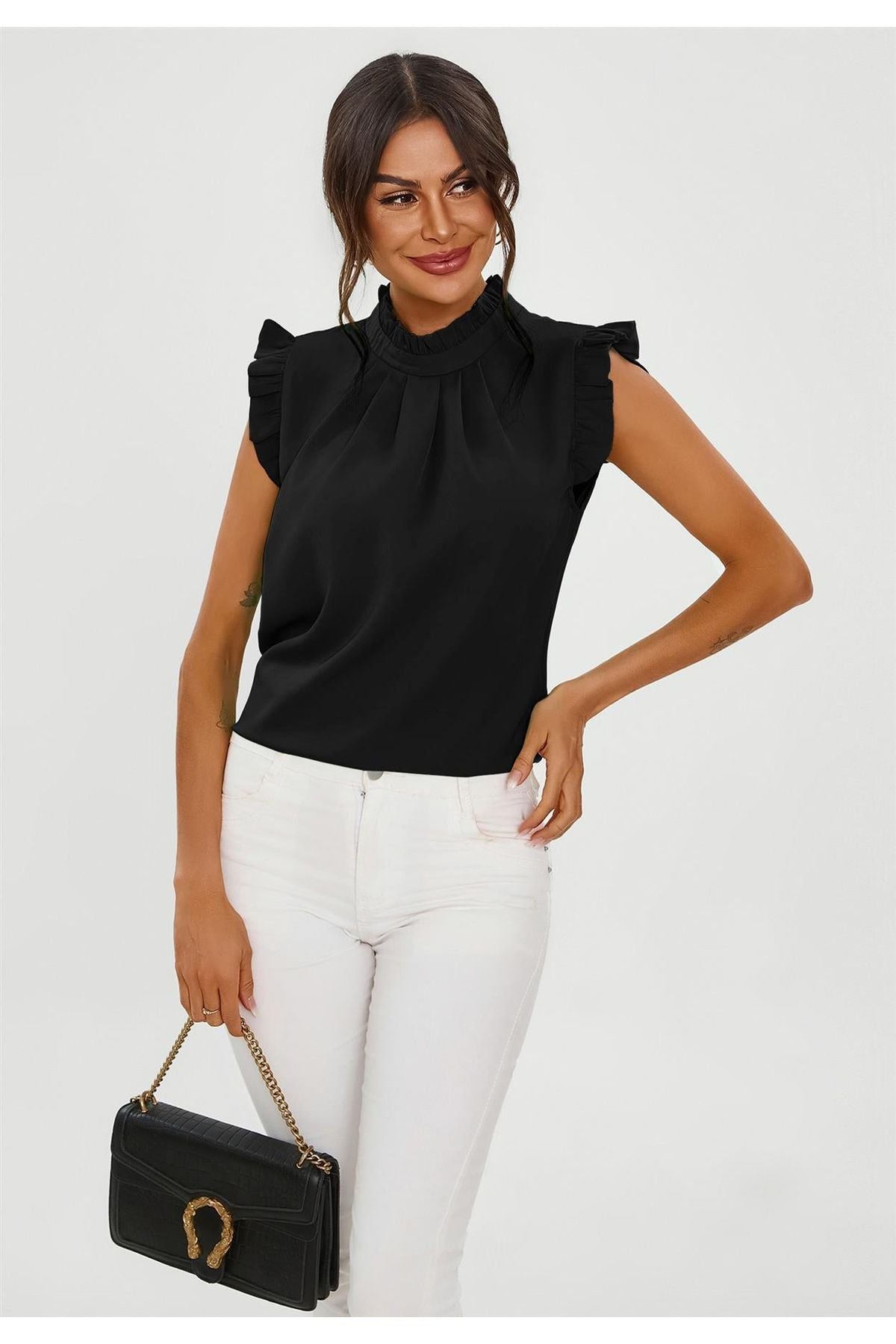 Frill Trim Sleeve High Neck Blouse Top In Black FS656