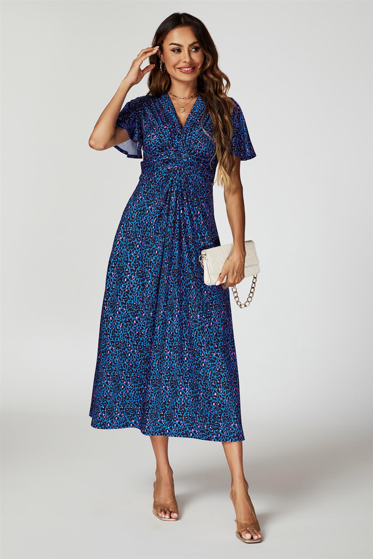 Animal Print Angel Sleeve Twist Maxi Dress In Blue FS742-BlueLeopard