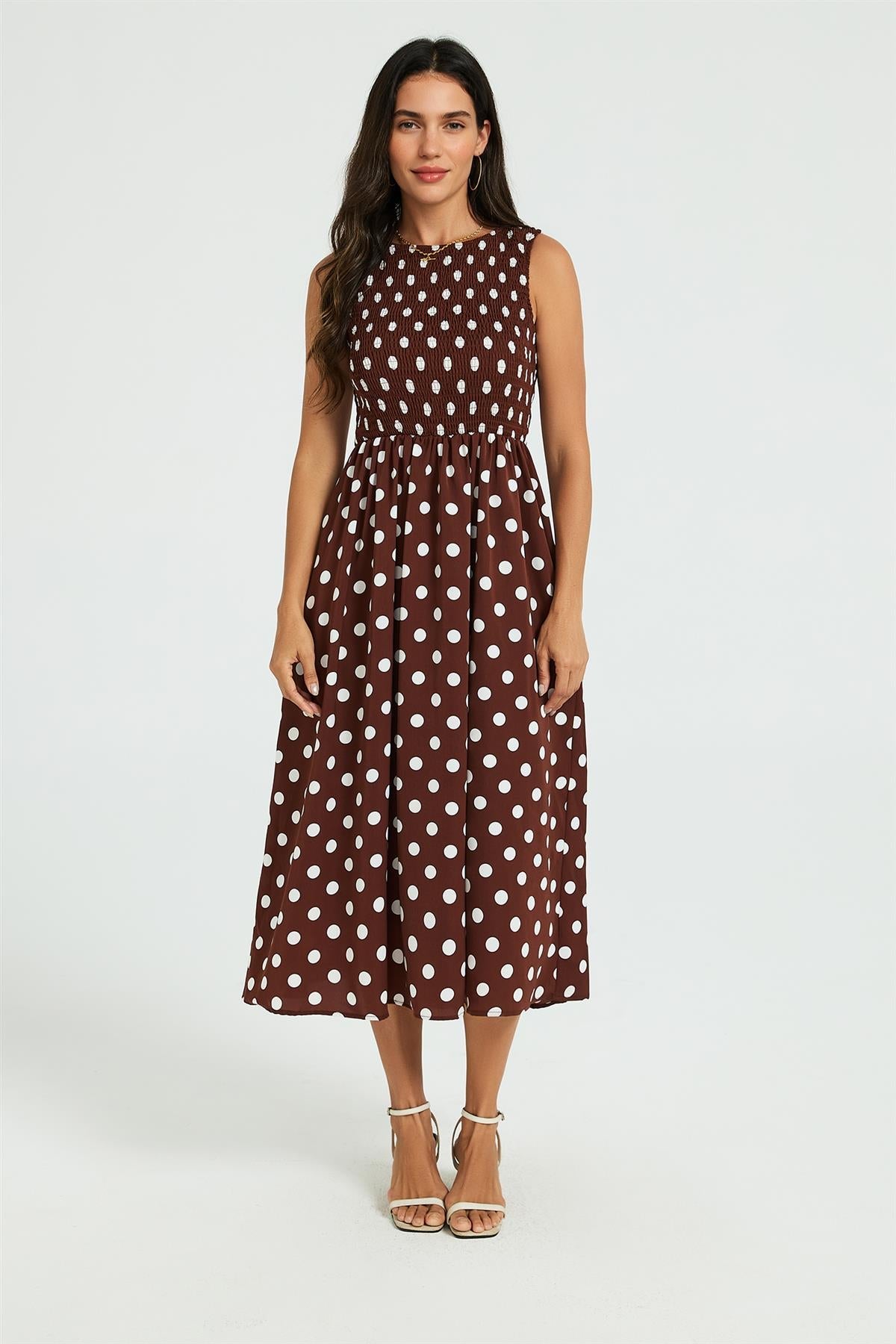 Dot Print Tie Back Sleeveless Shirred Top Midi Dress Brown FS960