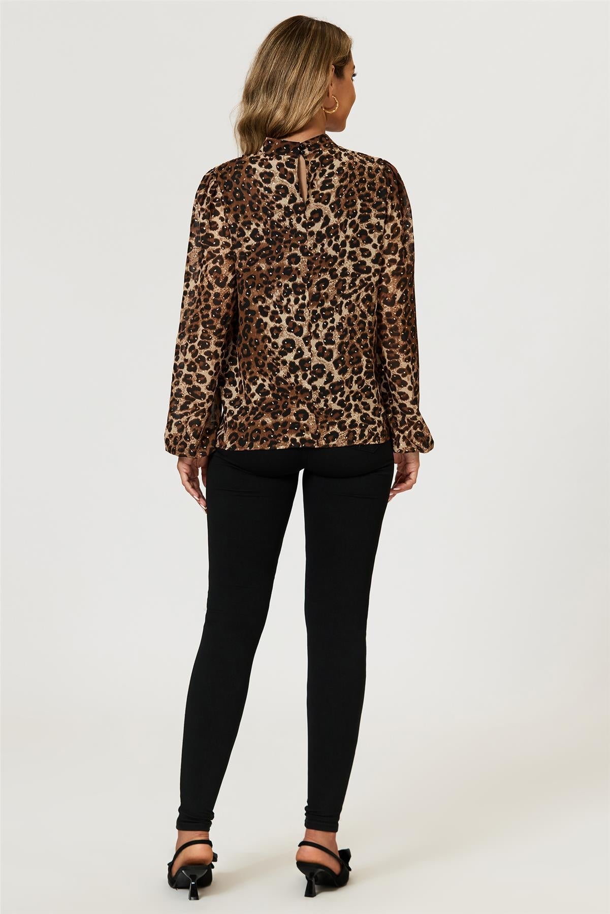 Leopard Print Foil Long Sleeve High Neck Top In Brown FS628-LPF