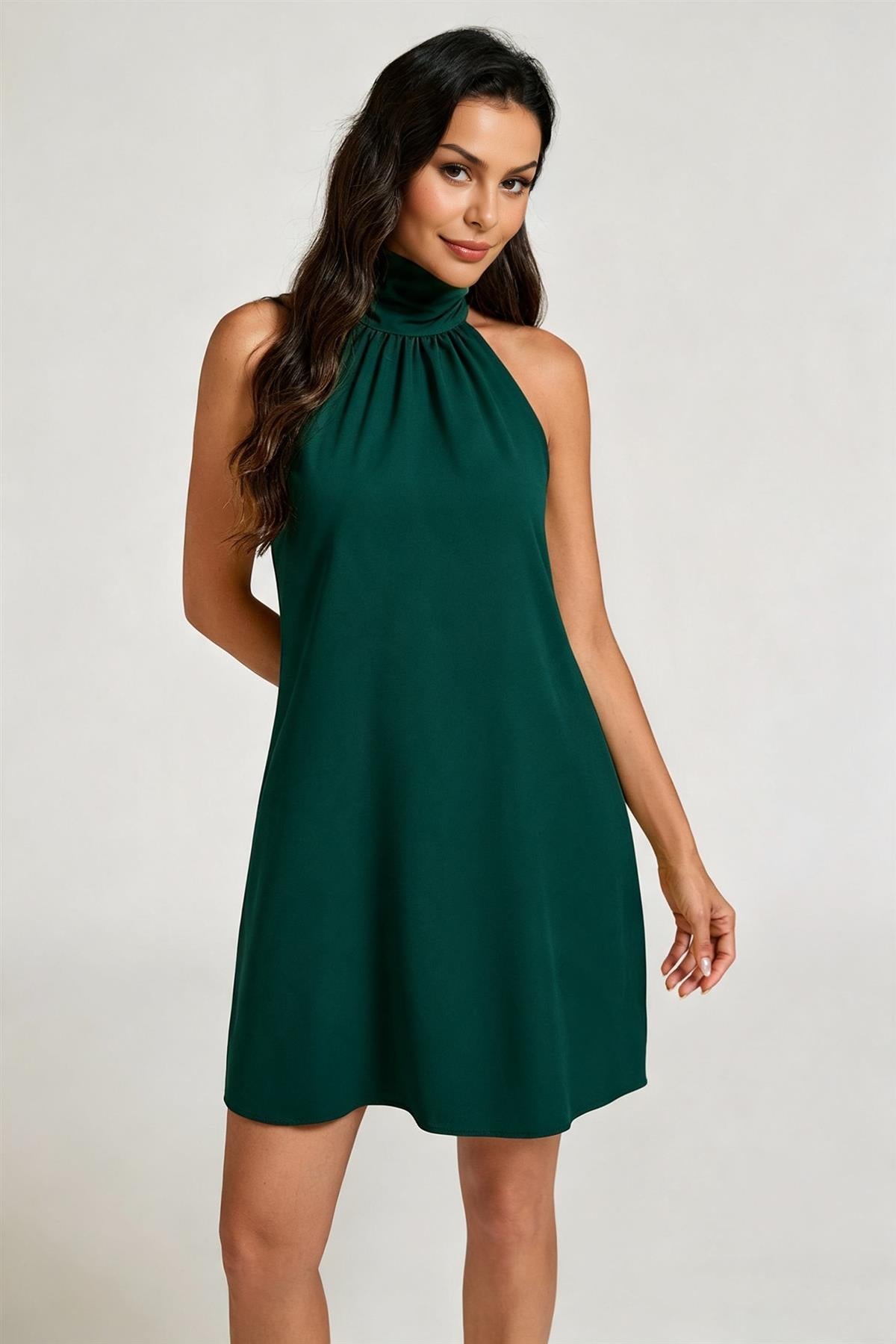 Halter Neck Tie Back Mini Dress In Forest Green FS455NEW