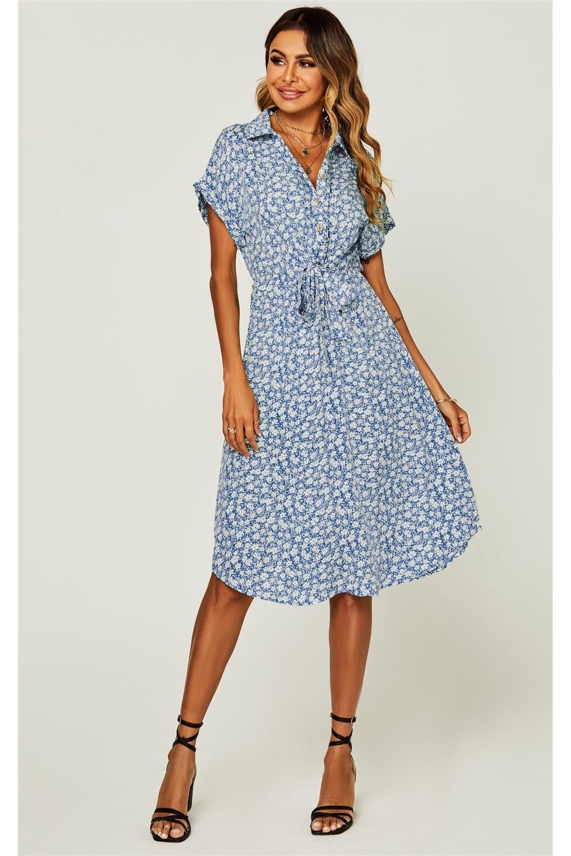 Relaxed Floral Print Button Down Midi Shirt Dress In Blue FS236-BlueFloral