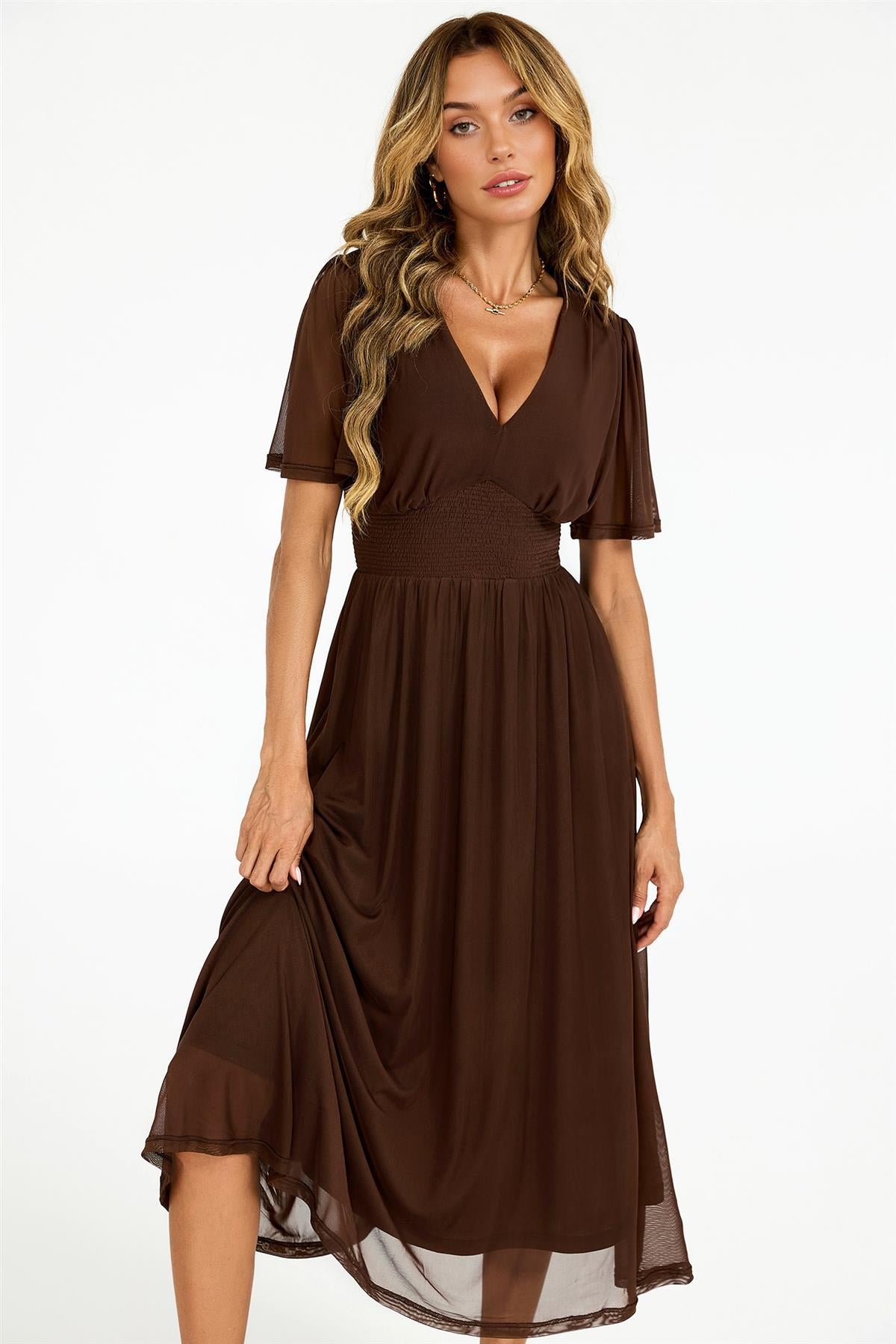 Flutter Sleeve Mesh Midi Dress In Brown FS972