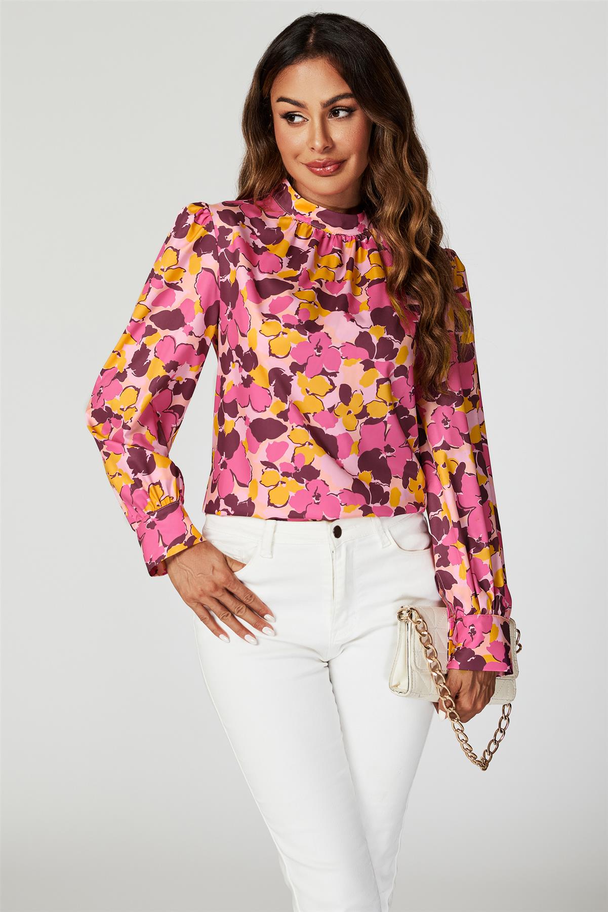 Floral Print Long Sleeve High Neck Top In Pink FS616