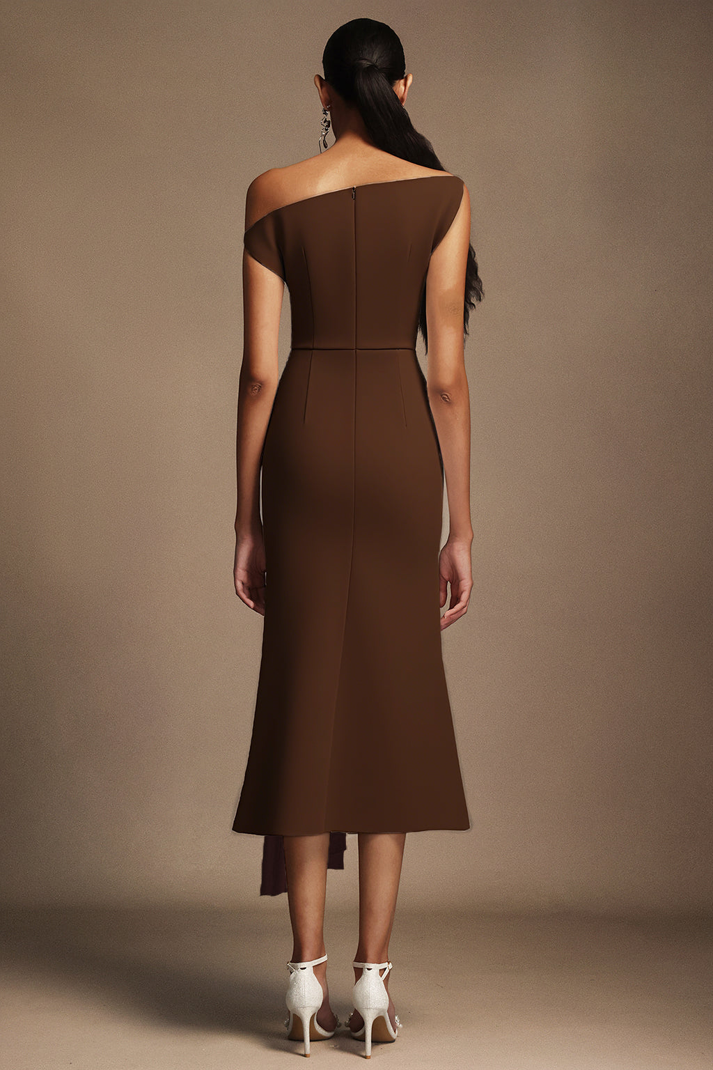 Paulina Oblique Shoulder Sleeveless Folds Brown Midi Dress C250300341
