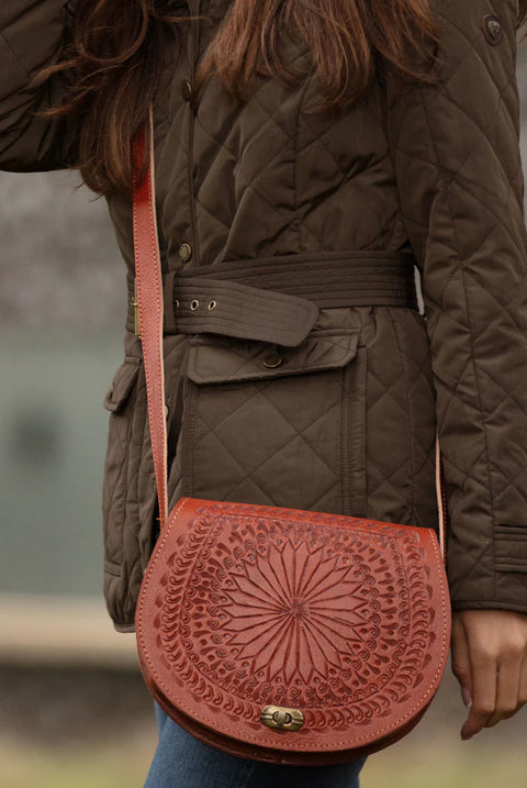 The Temara Embossed Saddle Bag In Light Brown by Berber Leather