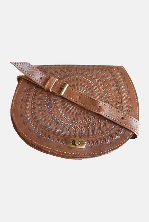 The Temara Embossed Saddle Bag In Brown by Berber Leather