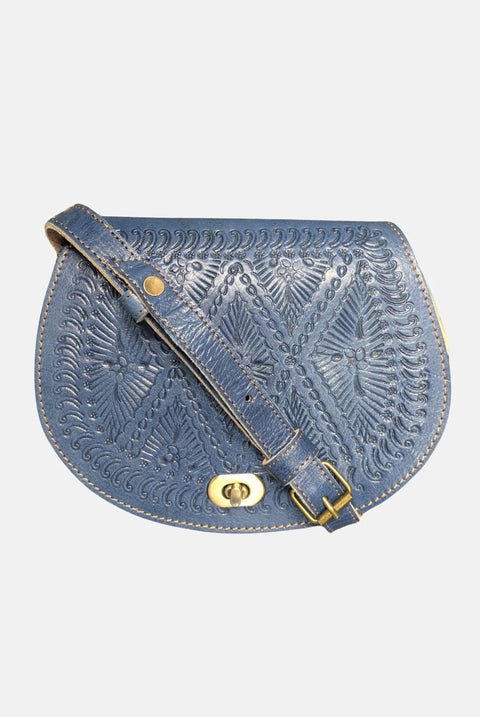 The Temara Embossed Saddle Bag In Navy Blue by Berber Leather