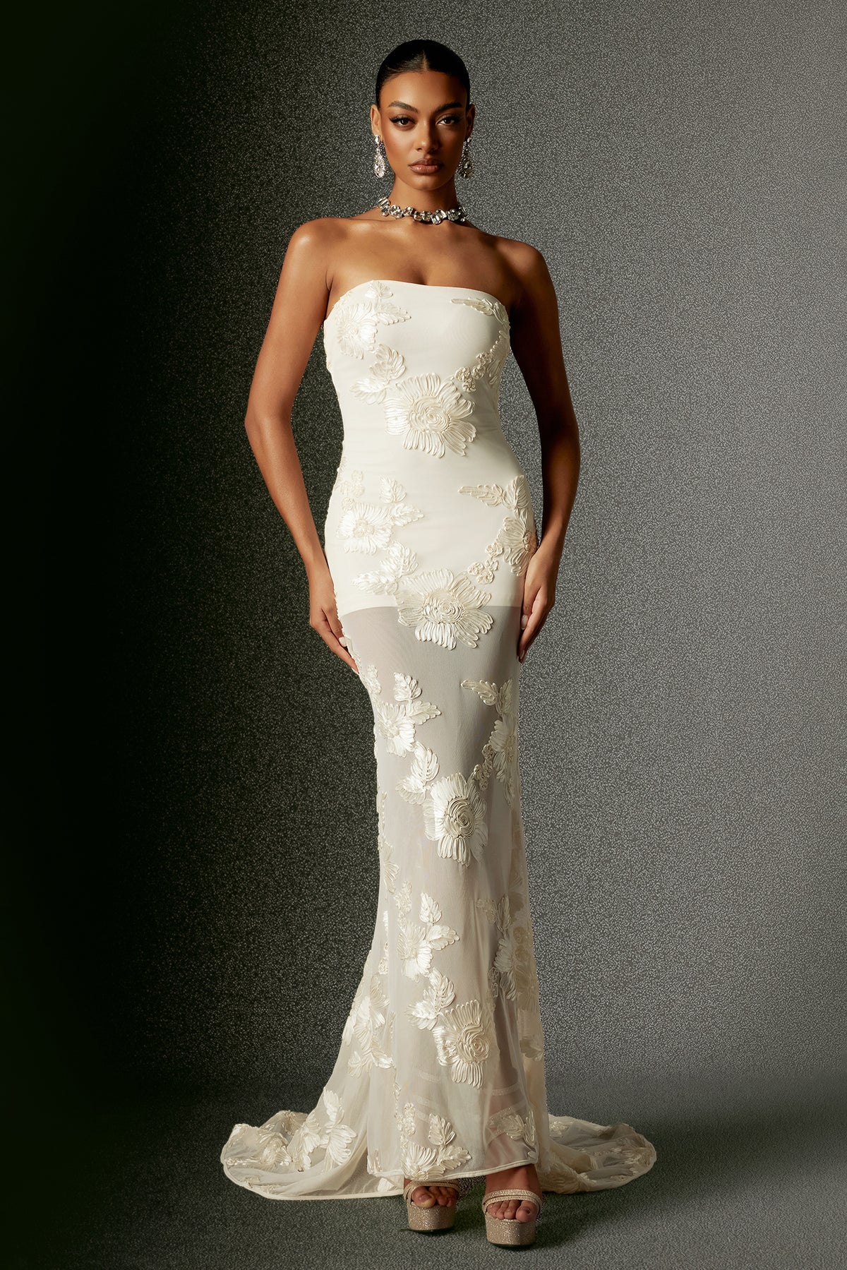 Deliyn Strapless Embroidery Flower Mesh Maxi Dress D240801221-White