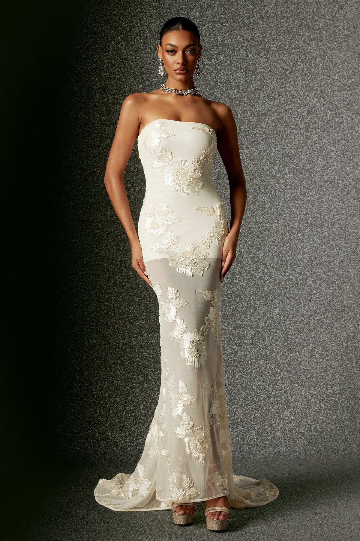 Deliyn Strapless Embroidery Flower Mesh Maxi Dress D240801221