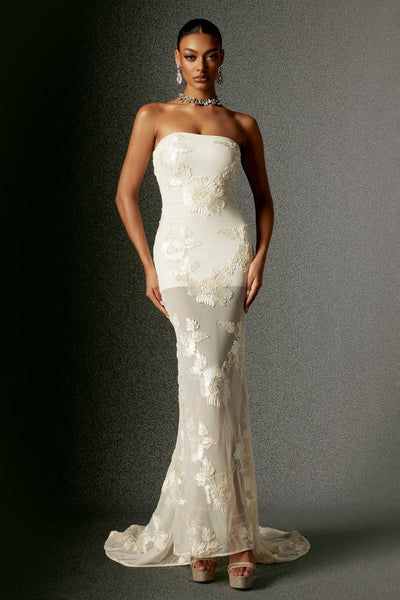White - Deliyn Strapless Embroidery Flower Mesh Maxi Dress by Bella Barnett