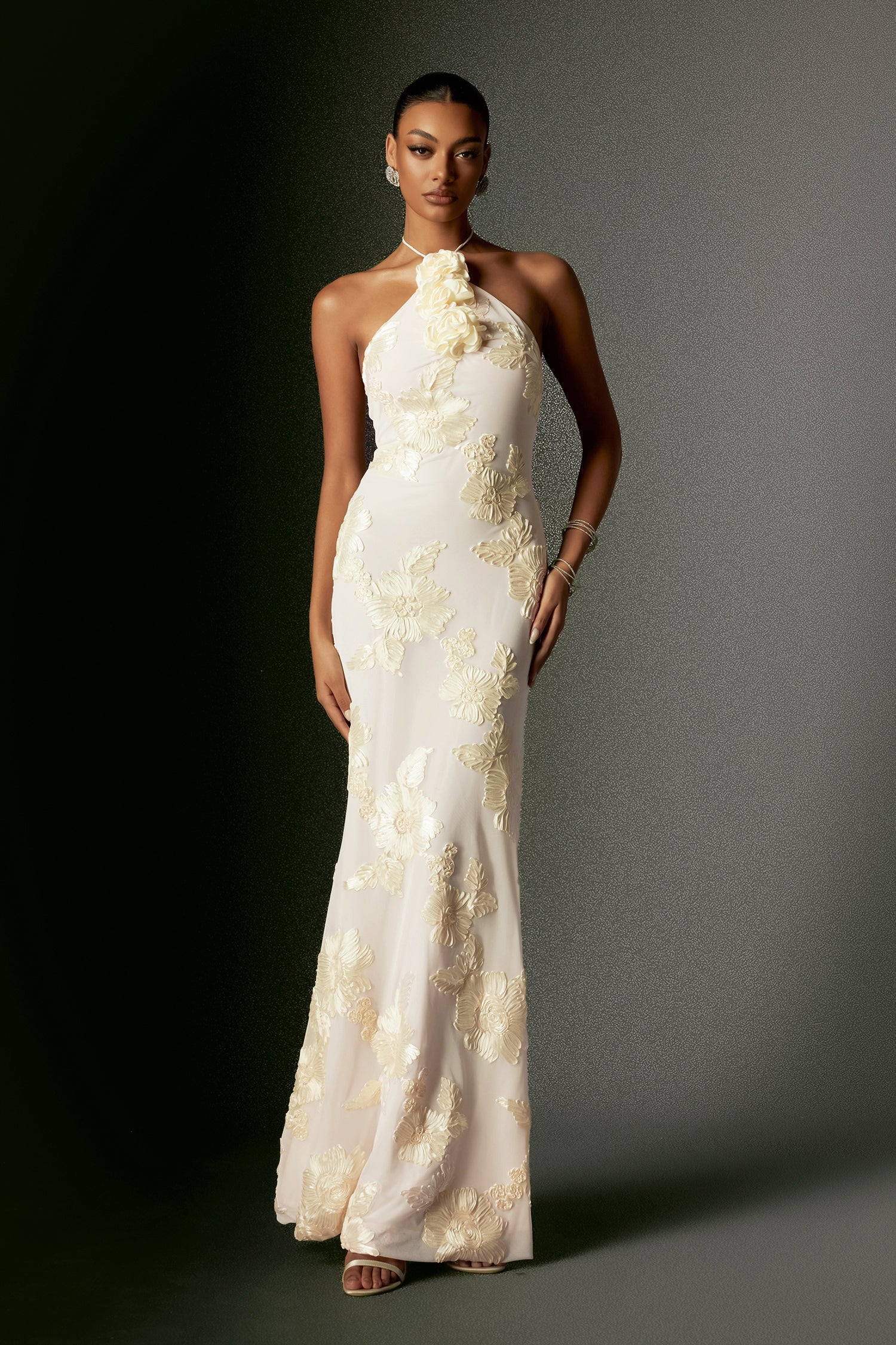 Griselda Flower Halter Embroidery Maxi Dress - White D240801140