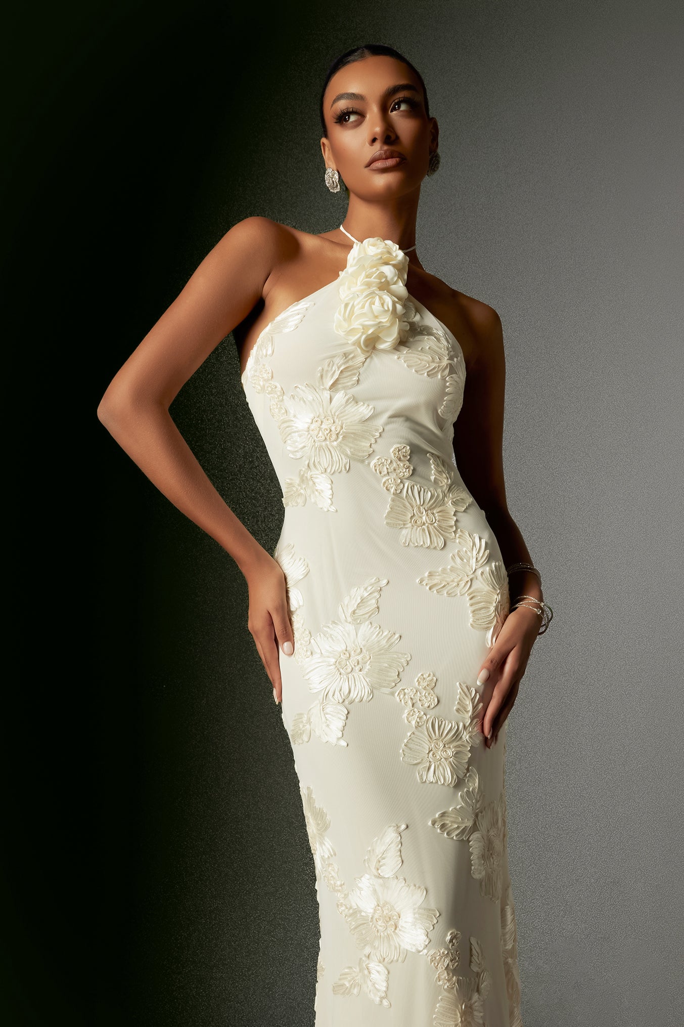 Griselda Flr Halter Embroidery Maxi Dress - White D240801140-White