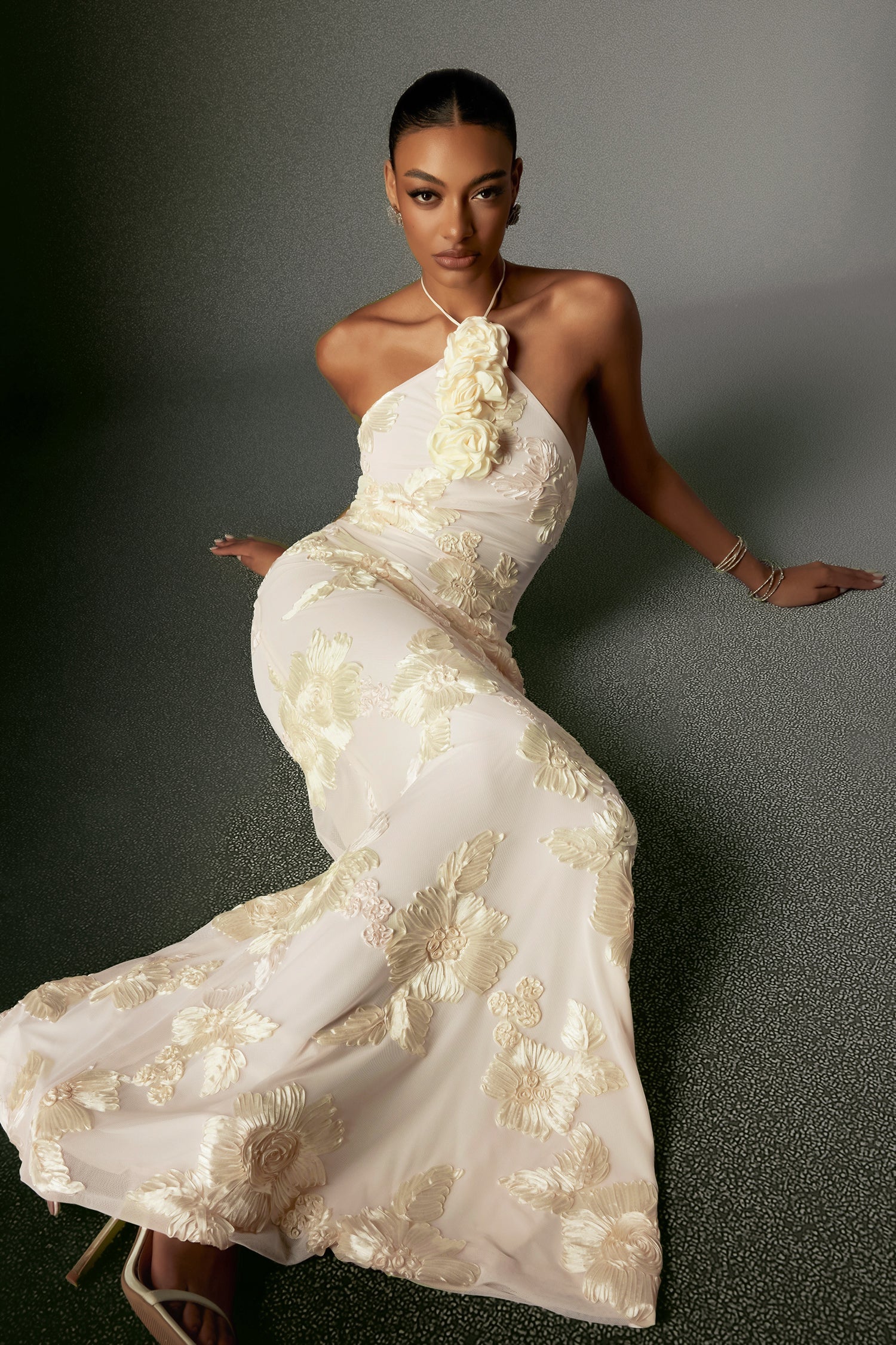 Griselda Flower Halter Embroidery Maxi Dress - White D240801140