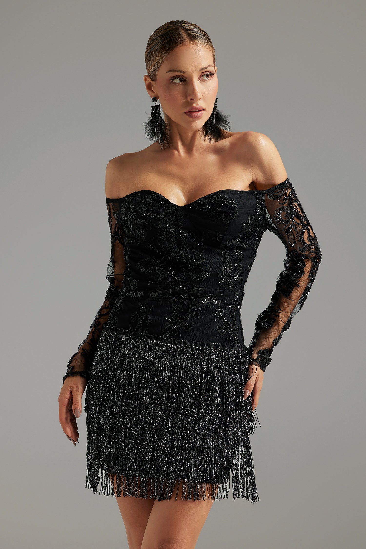 Ludia Lace Sequins Off Shoulder Fringe Mini Dress D240702301