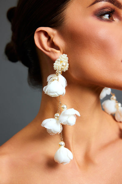 White - Lita Flowers Pearl Tassel Maxi Earrings by Bella Barnett