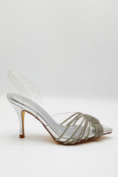 Silver - Liz Diamante Embellished Sling Back Perspex Court Shoes In Silver by Miss Diva