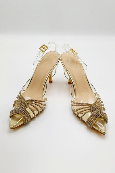 Gold - Liz Diamante Embellished Sling Back Perspex Court Shoes In Gold by Miss Diva