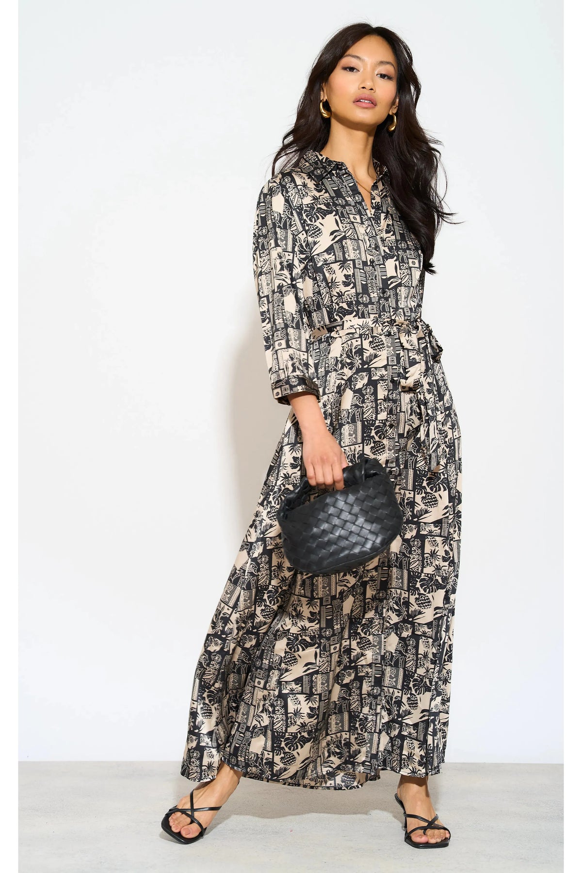 Mono Mixed Scarf Print Satin Maxi Shirt Dress LS-2280-C9